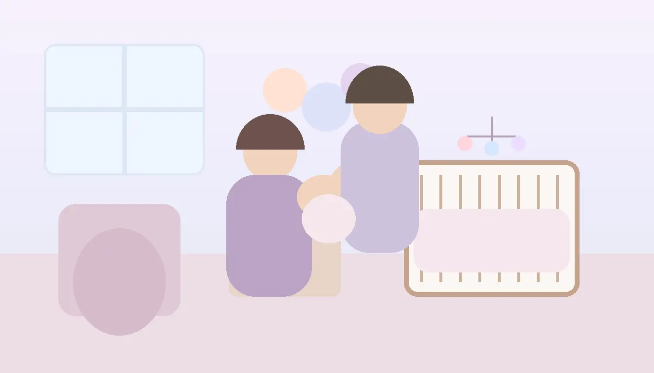 Rodzice wybierający znaczenie imienia Mateusz dla syna w jasnym pokoju dziecięcym, w ciepłej pastelowej aranżacji rodzinnej