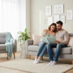 Ciepła scena wyboru imienia Tomasz dla chłopca w jasnym wnętrzu rodzinnym, inspiracja dla rodziców szukających klasycznego imienia